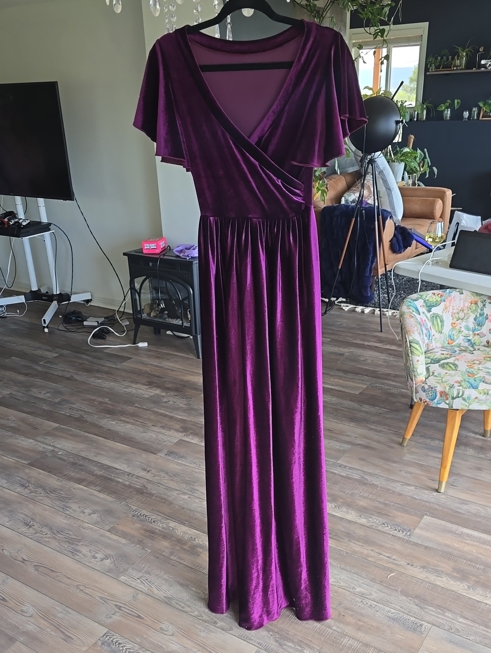 Elegant Purple Velvet Maxi Dress - Flutter Sleeve Wrap Style